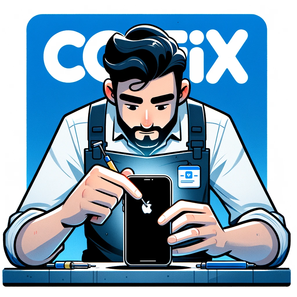 CCFix technician troubleshooting a black screen issue on an iPhone, showcasing expert repair services in a professional environment. Technician at CCFix troubleshooting a black screen issue on an iPhone.