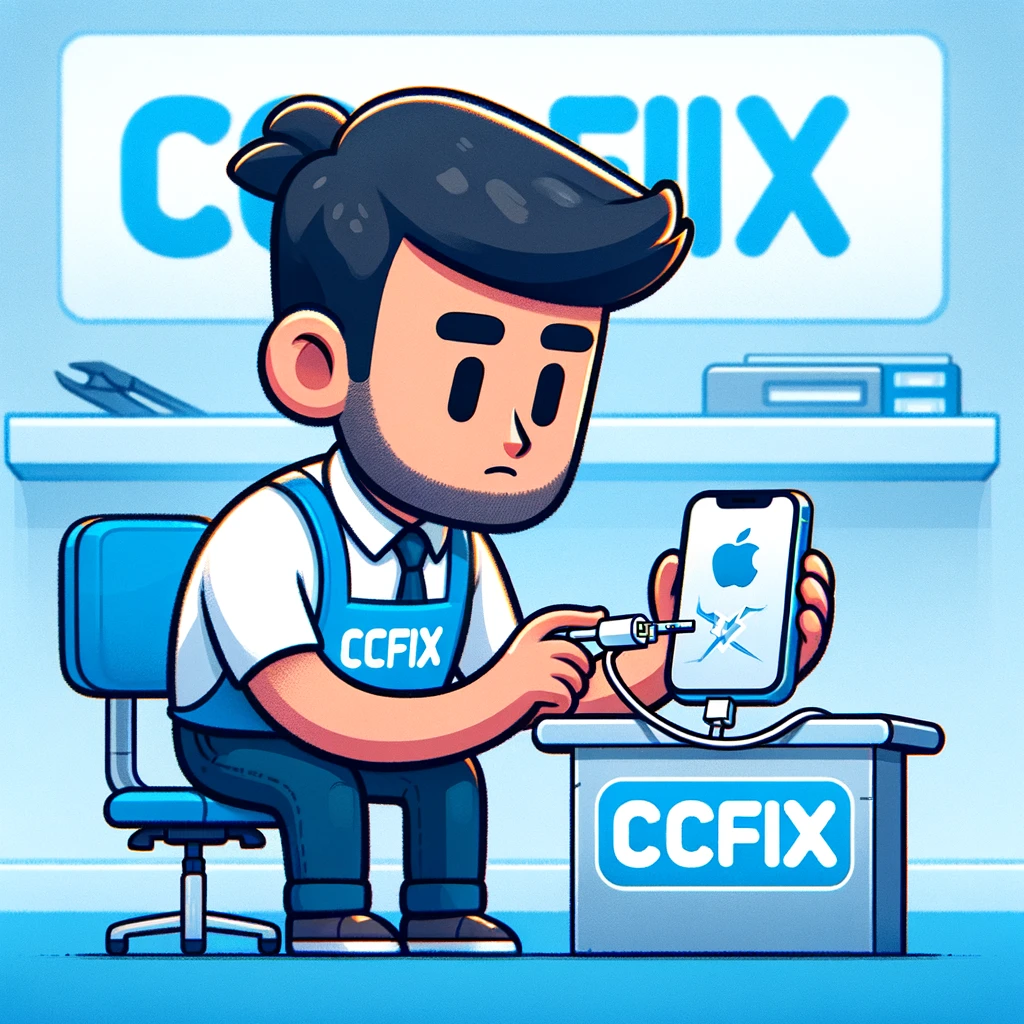Technician at CCFix troubleshooting an iPhone charger port issue.