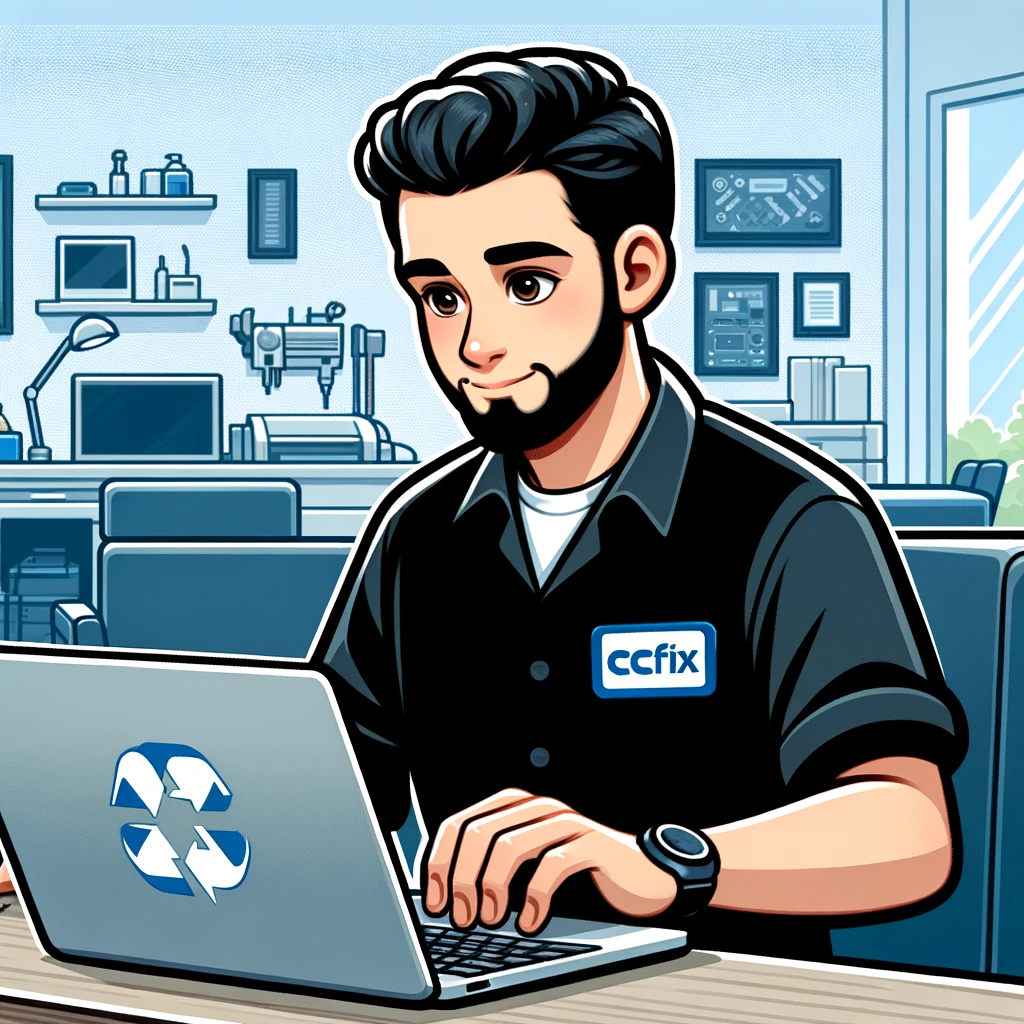 CCFix technician providing expert repair services, demonstrating detailed repair work in a clean, professional environment. Technician at CCFix providing expert repair services in a modern, well-equipped repair shop. The image showcases the meticulous care and expertise provided at CCFix, with the company logo prominently displayed, emphasizing commitment to quality service.