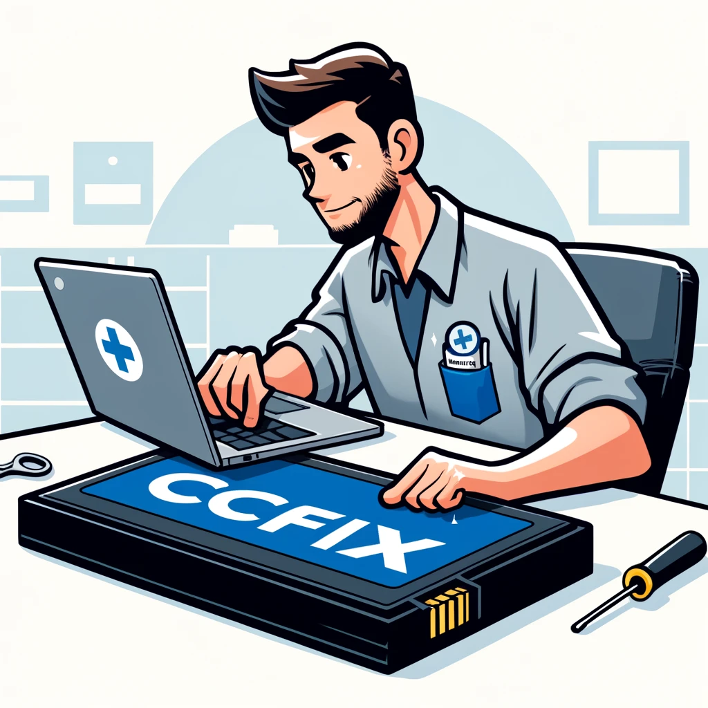 Technician at CCFix repairing a laptop battery.