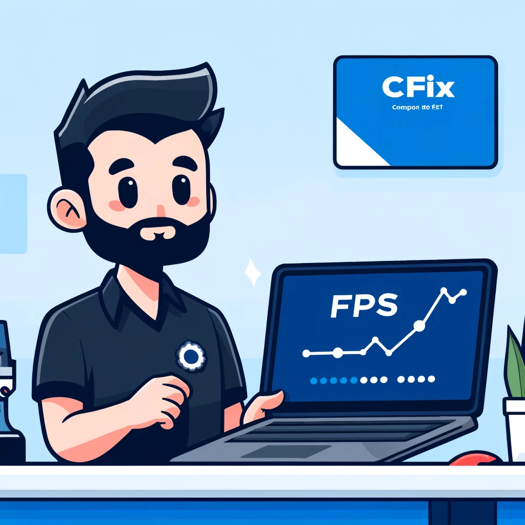 Technician at CCFix diagnosing laptop FPS issues in a modern, well-equipped repair shop. The image showcases the meticulous care and expertise provided at CCFix, with the company logo prominently displayed, emphasizing commitment to quality service.