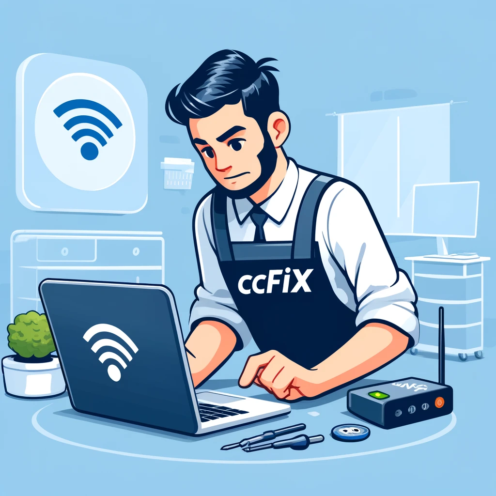 CCFix technician troubleshooting laptop WiFi issues, showcasing expert network solutions in a professional environment. Technician at CCFix troubleshooting laptop WiFi issues.