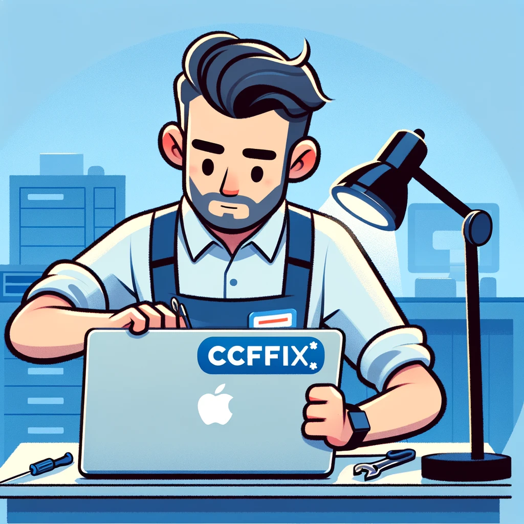 CCFix technician repairing a MacBook Air screen, showcasing expert repair services in a professional environment. Technician at CCFix repairing a MacBook Air screen.