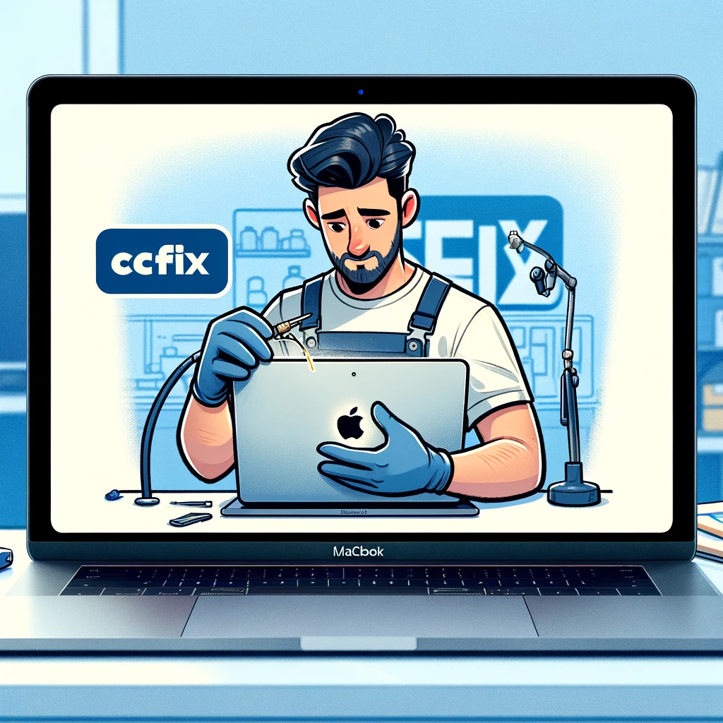 CCFix technician repairing a MacBook screen, showcasing expert repair services in a professional environment. Technician at CCFix repairing a MacBook screen.