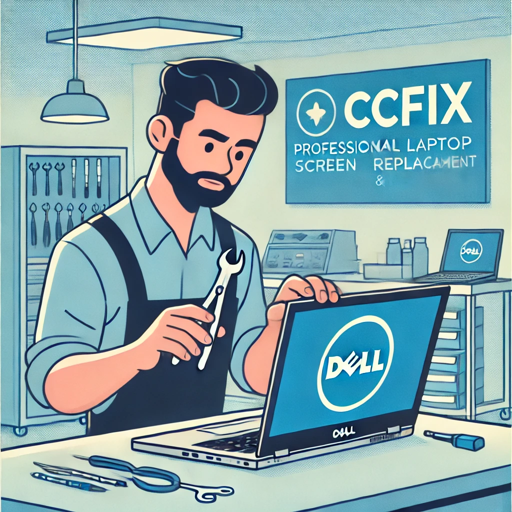Technician at CCFix fixing a Dell laptop screen in a modern repair shop, showcasing professionalism and expertise.