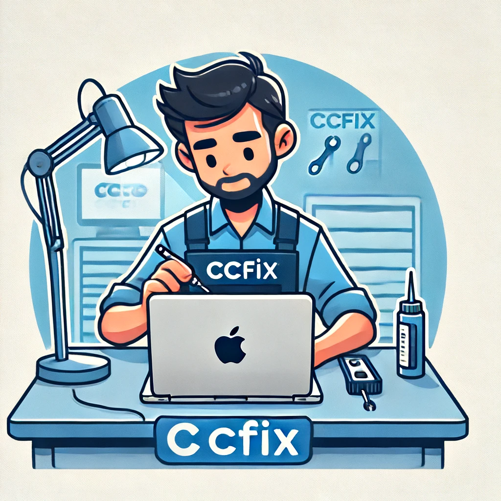 CCFix technician repairing a MacBook screen, showcasing expert repair services in a professional environment. Technician at CCFix repairing a MacBook screen.