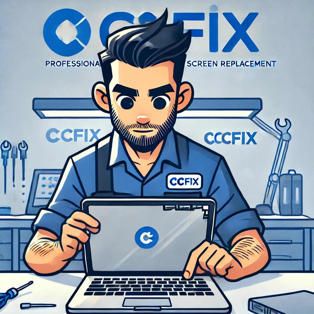 Technician at CCFix replacing a laptop screen in a modern repair shop, showcasing professionalism and expertise.