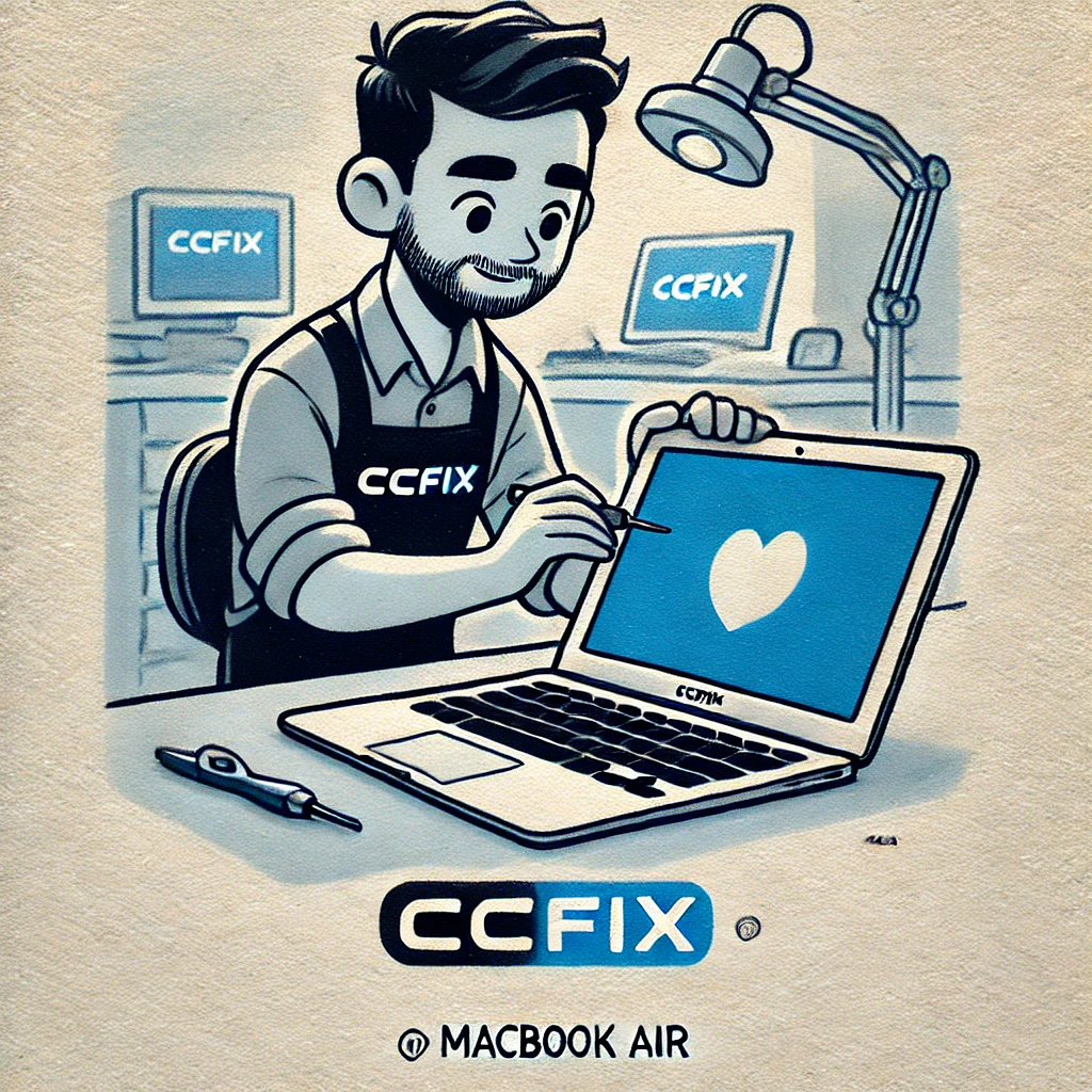 Technician at CCFix replacing a MacBook Air screen in a modern repair shop, showcasing professionalism and expertise.