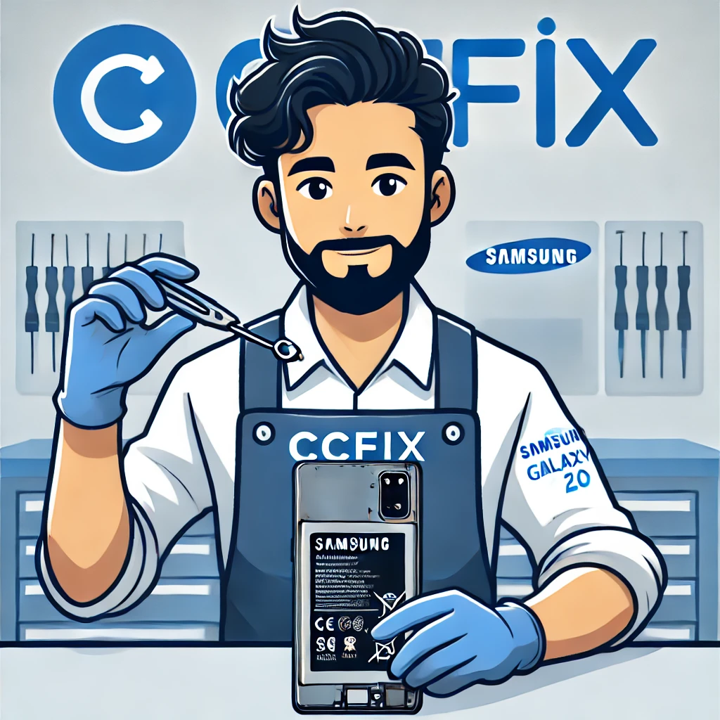 CCFix technician replacing a Samsung Galaxy S20 series battery, highlighting expert repair services in Sydney. Technician at CCFix replacing a battery for a Samsung Galaxy S20 series device in a modern repair shop, showcasing professionalism and expertise.