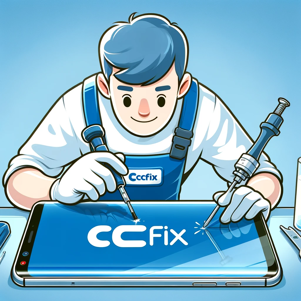 CCFix technician replacing a Samsung Galaxy screen in a modern repair shop, demonstrating professionalism and expertise in mobile device repair.