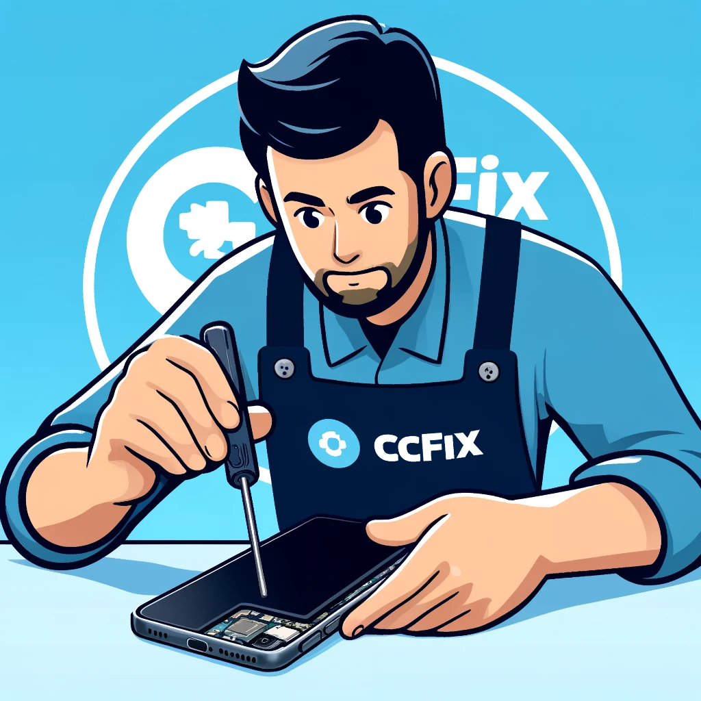 Technician at CCFix replacing a charging port on a Samsung Galaxy S21.