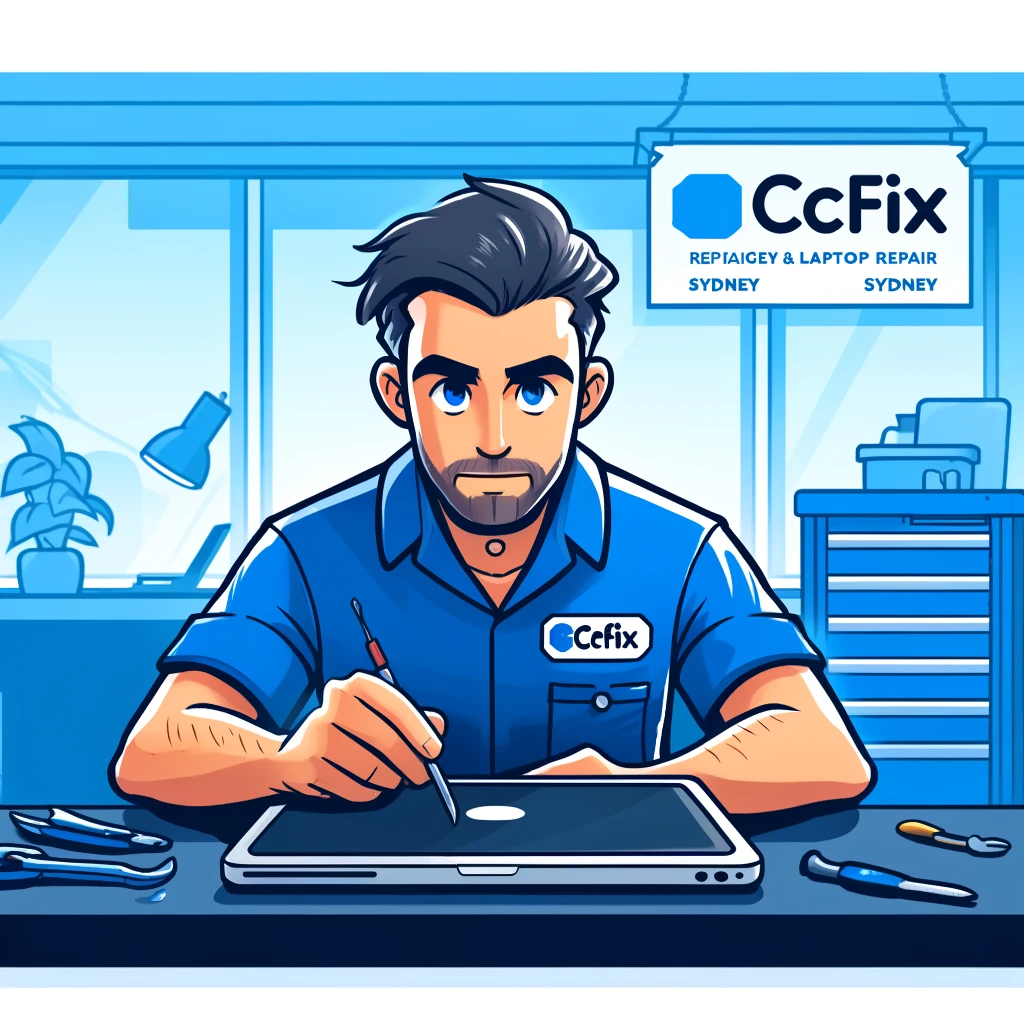 CCFix technician repairing a laptop screen, showcasing expert repair services in a professional environment. Technician at CCFix repairing a laptop screen.