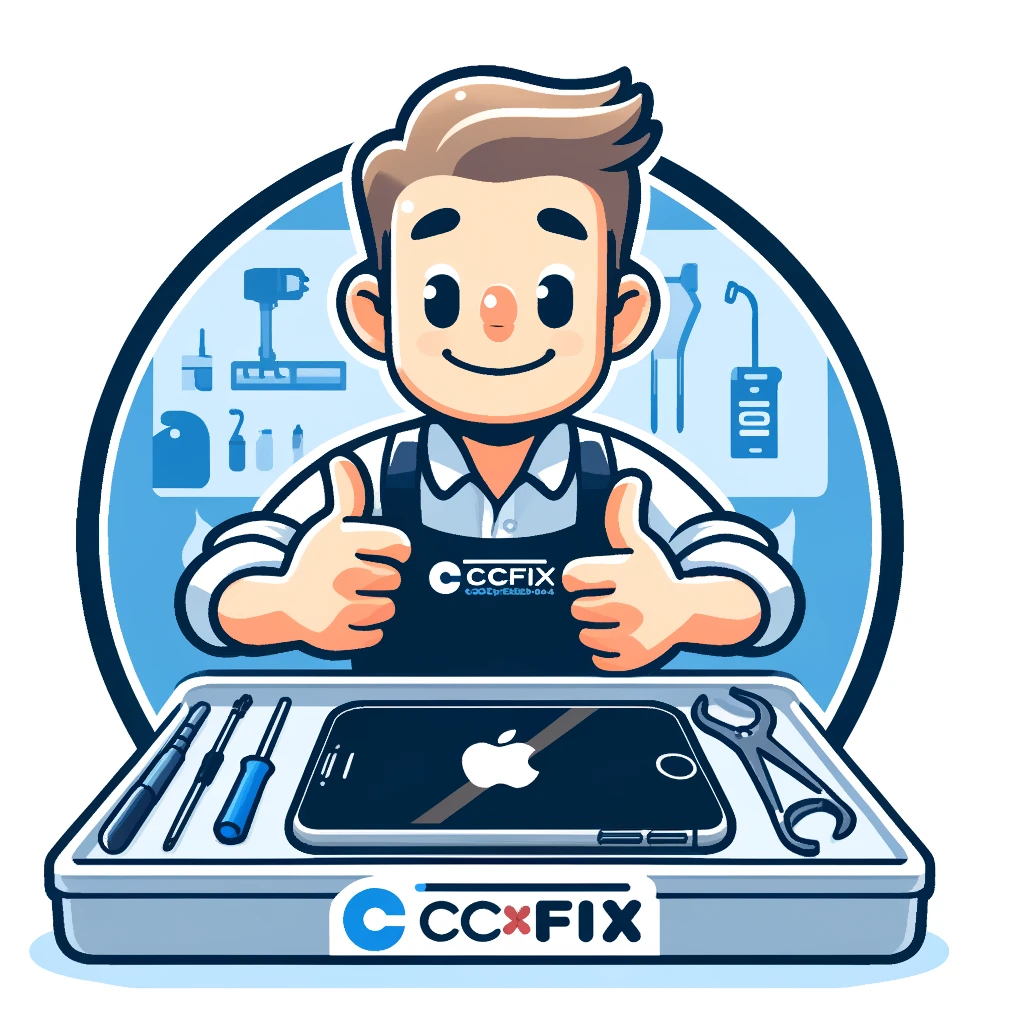 A professional technician at CCFix is shown replacing an iPhone screen. The technician, equipped with specialized tools, works in a clean, modern repair shop. The CCFix logo is clearly visible, emphasizing the brand's commitment to quality service in Sydney. CCFix technician performing iPhone screen replacement in a modern Sydney repair shop, highlighting professionalism and high-quality service.