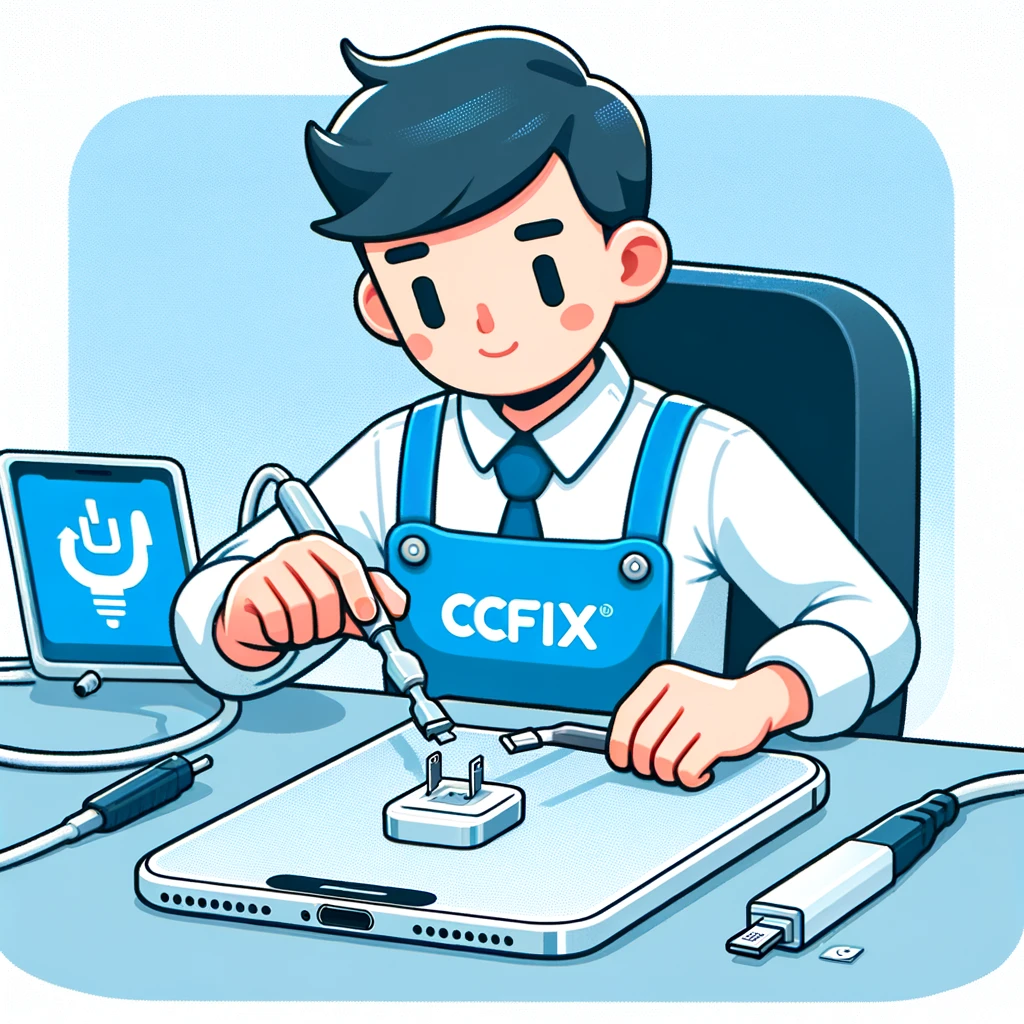 Technician repairing iPhone charging port at CCFix, showcasing professionalism and expertise in device repair.