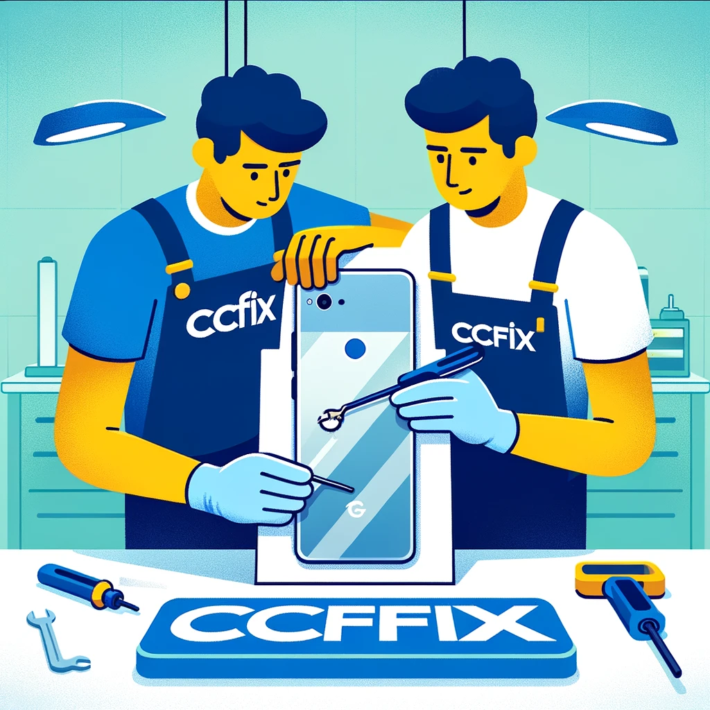 Technician at CCFix replacing the back glass of a Google Pixel in a modern, well-equipped repair shop. The image showcases the meticulous care and expertise provided at CCFix, with the company logo prominently displayed, emphasizing commitment to quality service.