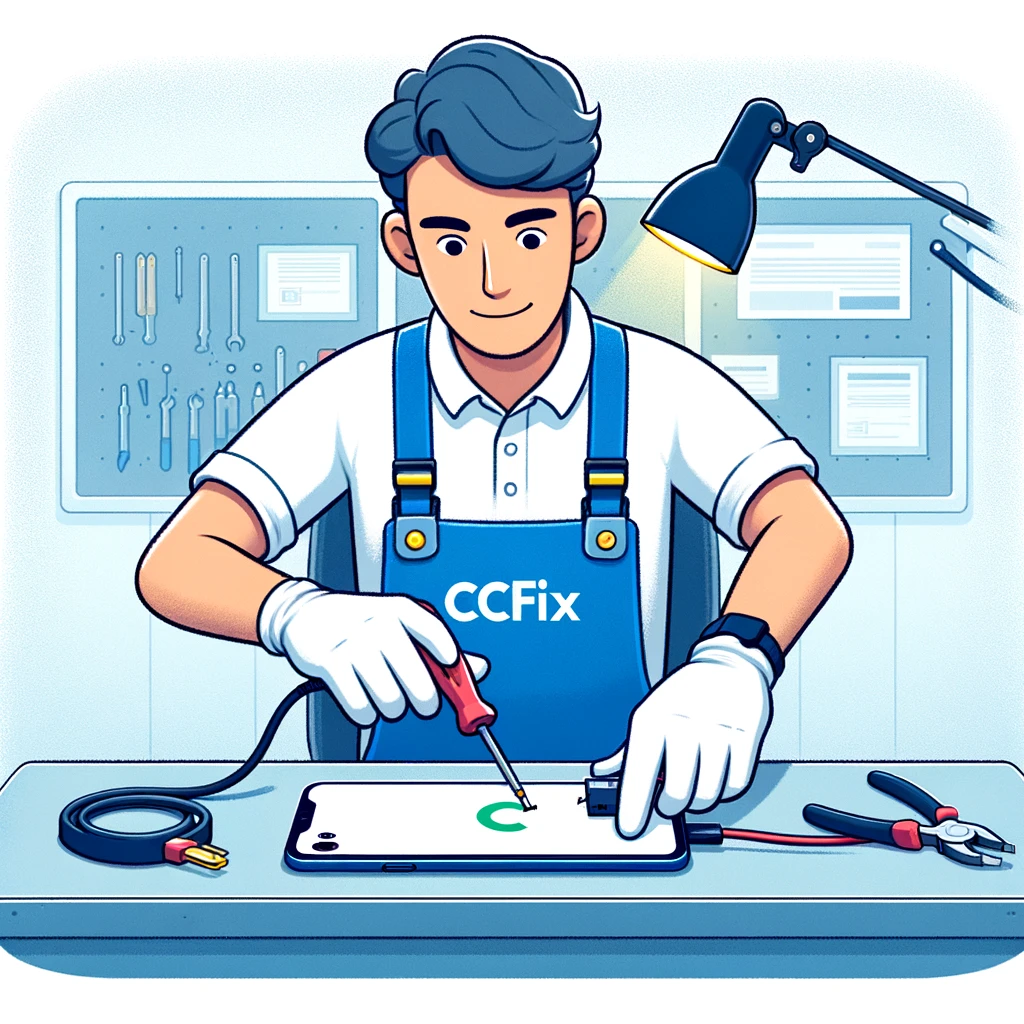 Technician at CCFix repairing the charging port of a Google Pixel in a modern, well-equipped repair shop. The image showcases the meticulous care and expertise provided at CCFix, with the company logo prominently displayed, emphasizing commitment to quality service.