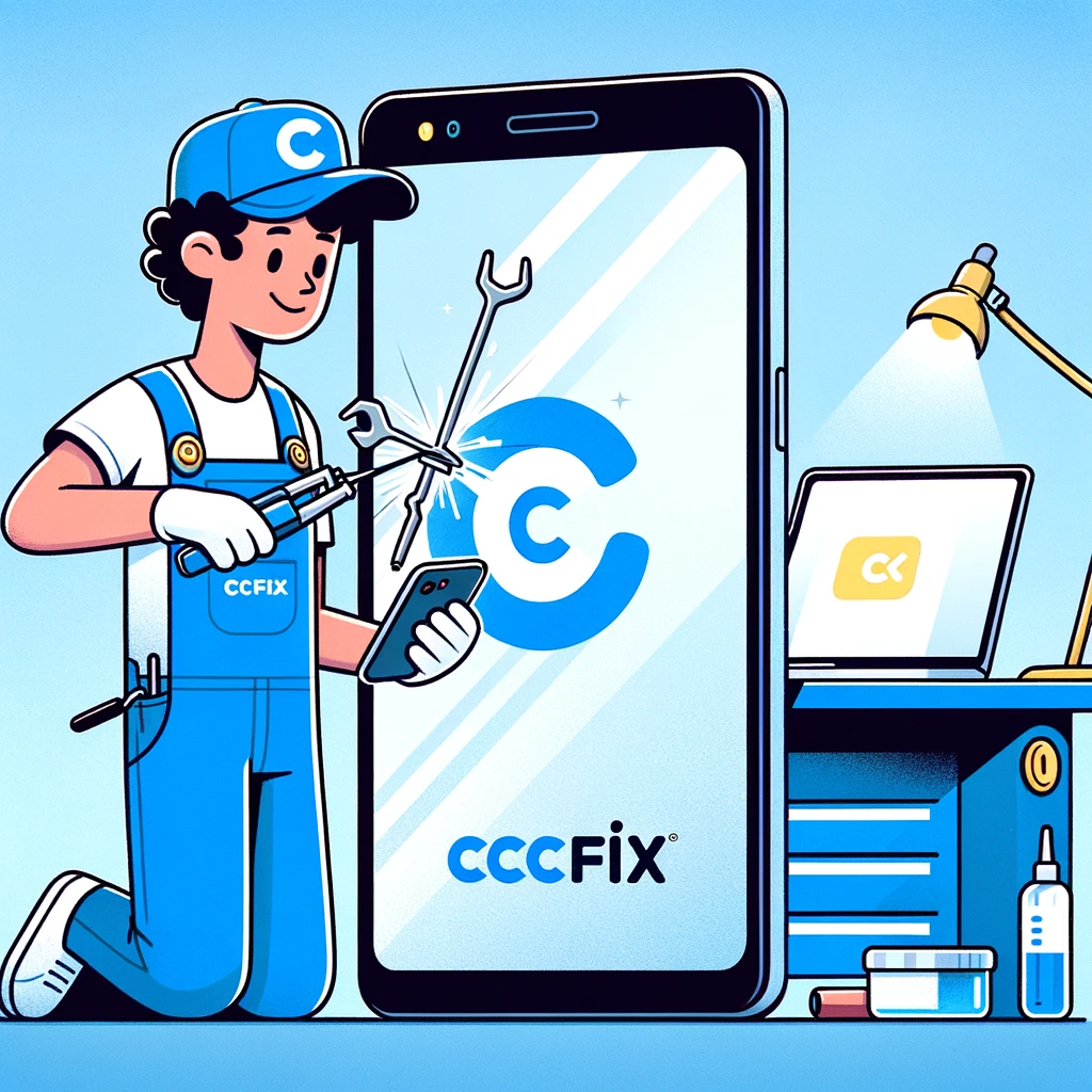 Technician at CCFix repairing the screen of a Google Pixel in a modern, well-equipped repair shop. The image showcases the meticulous care and expertise provided at CCFix, with the company logo prominently displayed, emphasizing commitment to quality service.