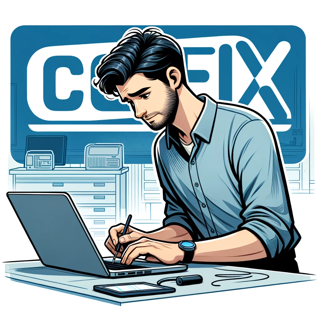 Technician at CCFix troubleshooting a laptop startup issue.