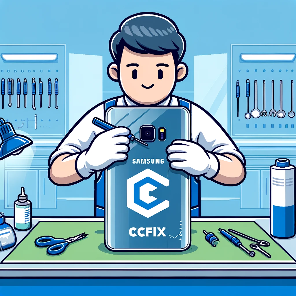 A professional technician at CCFix is shown replacing the back glass of a Samsung Galaxy. The setting is a modern, well-equipped repair shop, highlighting the high standards of service. The CCFix logo is clearly visible, reinforcing the brand’s commitment to quality. CCFix technician replacing the back glass of a Samsung Galaxy in a modern repair shop, demonstrating professionalism and expertise in mobile device repair.