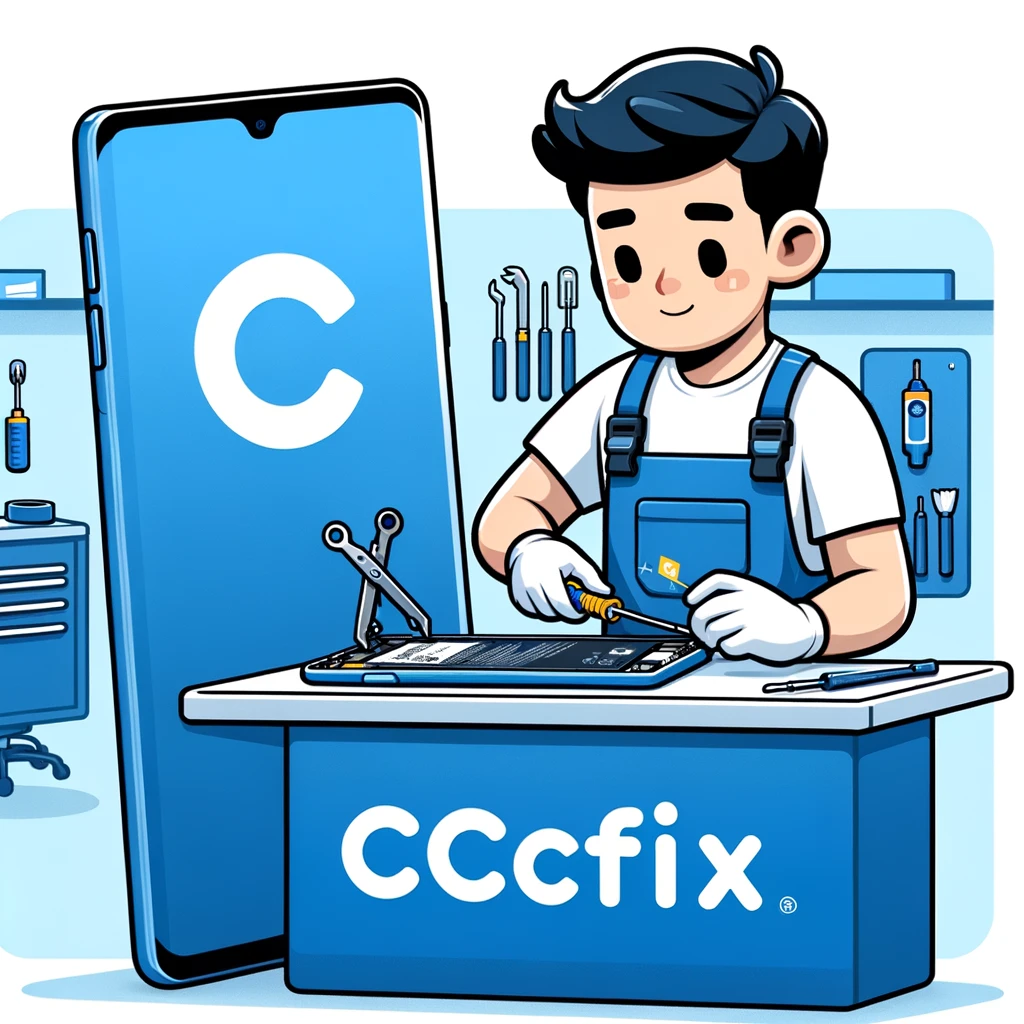 CCFix technician replacing a Samsung Galaxy battery in a modern repair shop, demonstrating professionalism and expertise in mobile device repair.